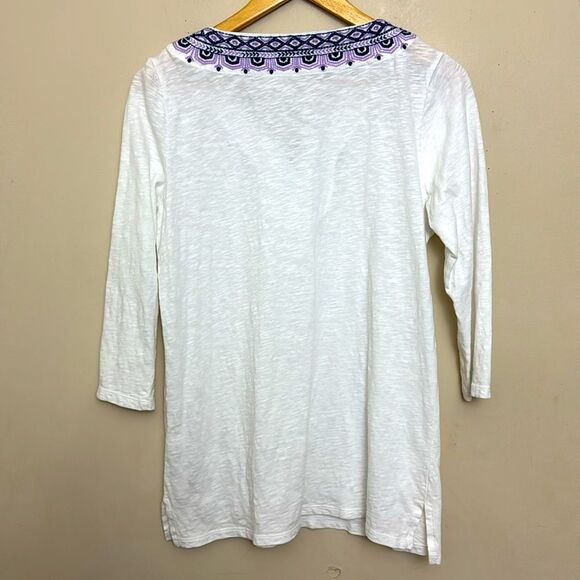 Talbots White Cotton Purple Embroidered Neckline 3/4 Sleeves sz Small Boho Chic - Picture 2 of 9